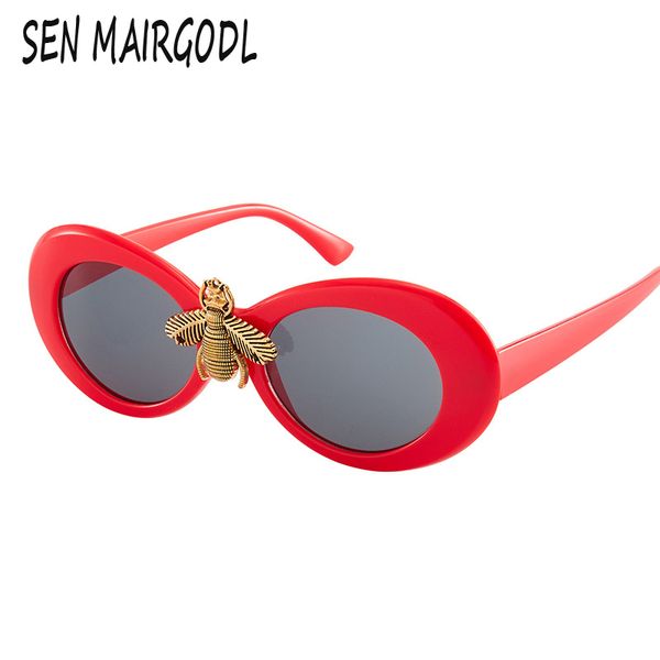 

sunglasses fashion retro oval trumpet frame for women men 2021 inlaid bee metal sun glasses red black beige mirror leg goggles, White;black