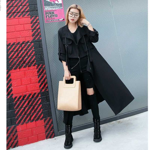 

women big size black trench new lapel long sleeve loose fit windbreaker fashion female lady streetwear spring autumn 2020, Tan;black