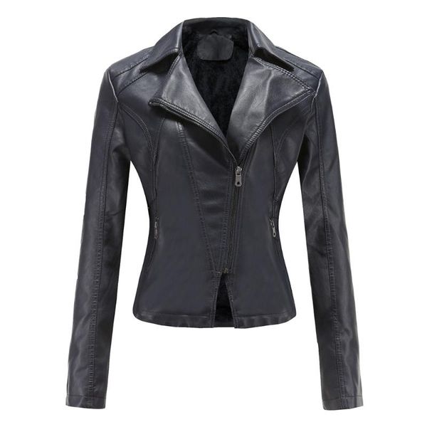 

women's leather & faux autumn winter jacket with fur women coat ladies slim short motorcyle biker basic warm plush outerwear, Black