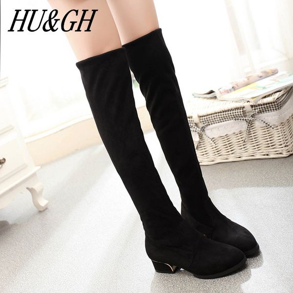 

2020 new winter designer shoes women's flock high-heeled boots female low heel knee-high boots elastic thin leg high, Black