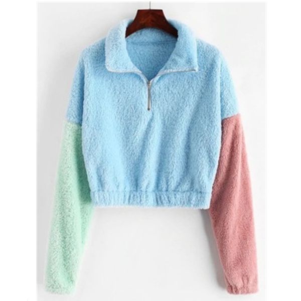 

womens lamb wool fashion trend long sleeve zipper stand collar pullover sweatshirts designer female fleece patchwork tricolor hoodies, Black