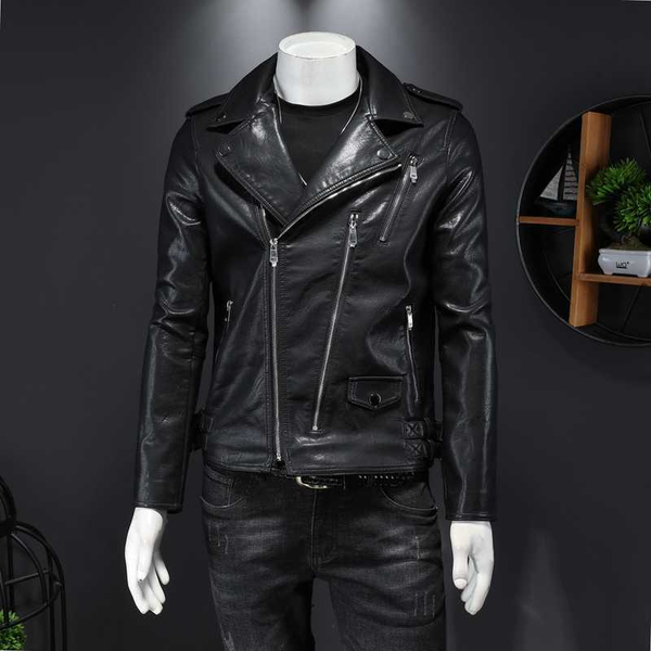 

pu quality motorcycle high material men fashion zipper decoration men's leather jacket, Black