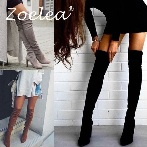 

zoelea 2020 women over the knee high boots hoof heels winter shoes pointed toe elastic fabric women boots size 35-43, Black