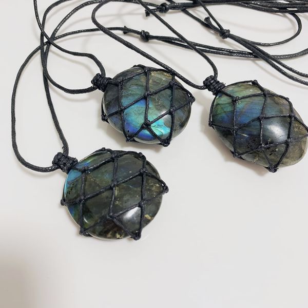 

1pc labradorite necklace mineral quartz natural stone pendant wrap braid yoga macrame necklace women men enerny jewelry, Silver