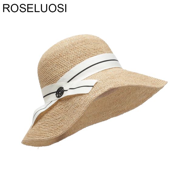 

wide brim hats roseluosi 2021 summer sun for women natural raffia straw panama hat female beach chapeau femme, Blue;gray