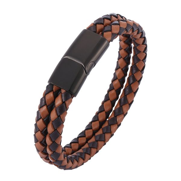 

vintage men jewelry punk brown double braided leather bracelet bangle stainless steel magnetic clasp male wristband gifts sp0506, Golden;silver