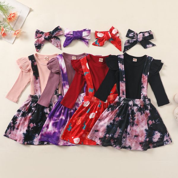 

christmas kid clothes clothing set long sleeve tie dye suspender skirt bow headband 3 pcs wear xmas baby girl outfit, White