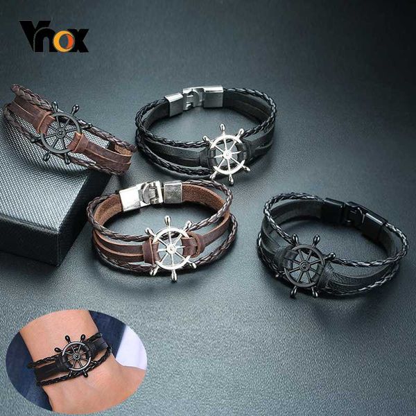 

vnox mens vintage rudder charm bracelets multi-layer leather rope chain wrist bangles jewelry, Golden;silver