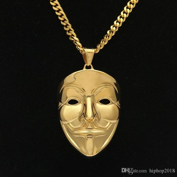 

new mens hip hop jewelry gold cuban link chain v vendetta mask pendant necklace fashion jewelry, Silver