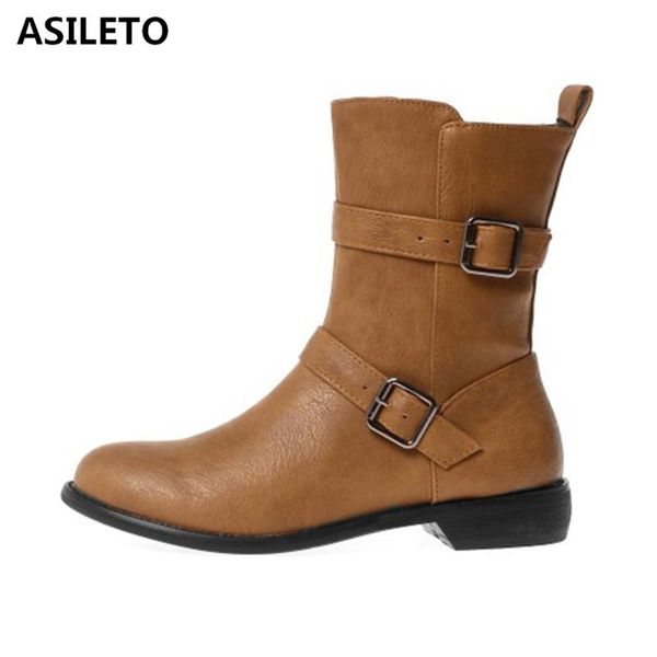 

asileto autumn women mild-calf boots round toe pu zipper buckle metal decoration big size 33-44 black brown red party s1933