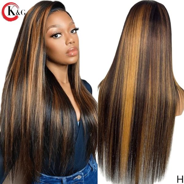 

lace wigs kungang highlight t-part front human hair straight 150% density with baby ratio non-remy, Black;brown