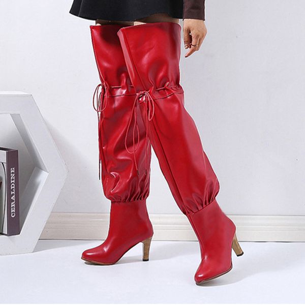 

women thigh high boots women's leather over the knee boots ladies elastic band chic pumps female solid high heels woman shoes, Black