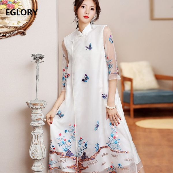 

casual dresses organza embroidery dress 2021 spring brand chinese style women butterfly floral mid-calf white dark blue xxl, Black;gray