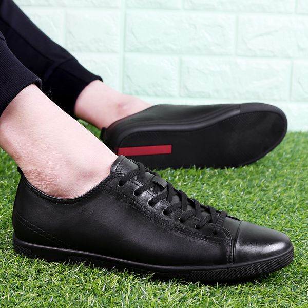 

men shoes genuine leather breathable male loafers driving casual lace up soft shoes, Black