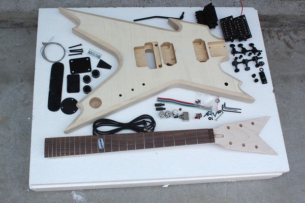 

factory electric unusual shape semi-finished guitar kits with double rock bridge,diy guitar,flame maple veneer,black hardware,can be changed