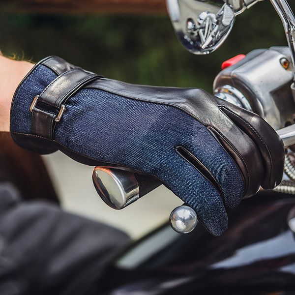 

boouni men sheepskin gloves fashion patchwork genuine leather driving glove wrist solid five finger thermal winter t200915, Blue;gray