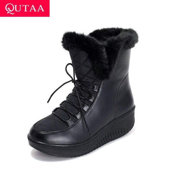 

boots qutaa 2021 winter height increasing ankle round toe fashion lace up platform warm fur casual women snow size 35-43, Black