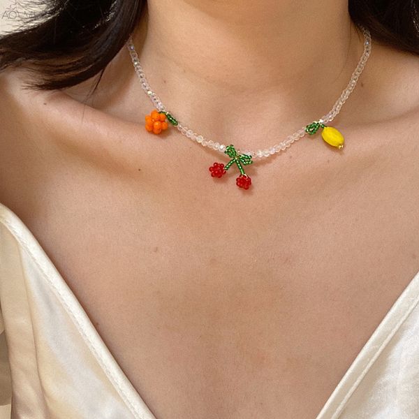 

aomu 2020 new korea summer hand knitted beaded necklace cute cherry mango fruit clavicle chain for women sweet girls jewelry, Golden;silver