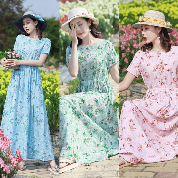 

hipster women's long dress big skirtlong skirt big skirt summer new western style large size loose cotton silk printed short sleeve wai, Black;gray