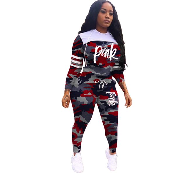 

women fashion camouflage printing letter stitching sports suits with pants tracksuit 2 pieces set sweat suits jogging outfits 2020, Gray