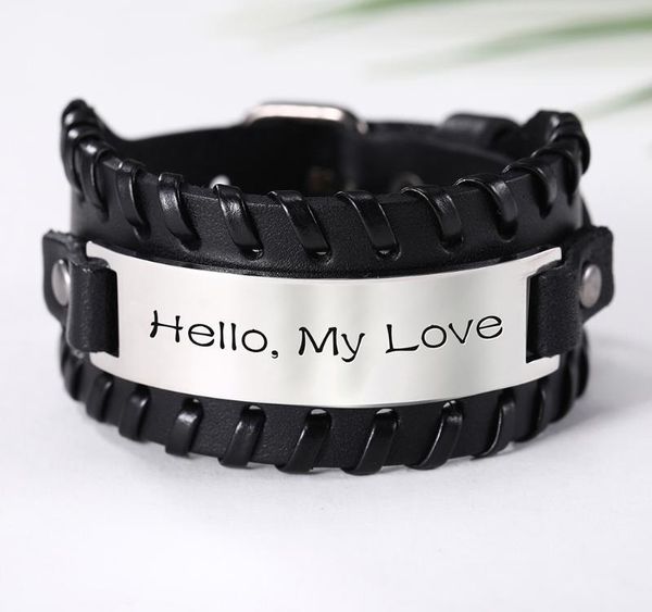 

skyrim fashion love genuine leather bracelet men stainless steel words charm adjustable wrap wristband bangle jewelry003, Black