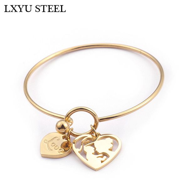 

58mm stainless steel gold love heart charm bracelet & bangle for women hollow mom & child bangles mother's day birthday gifts, Black