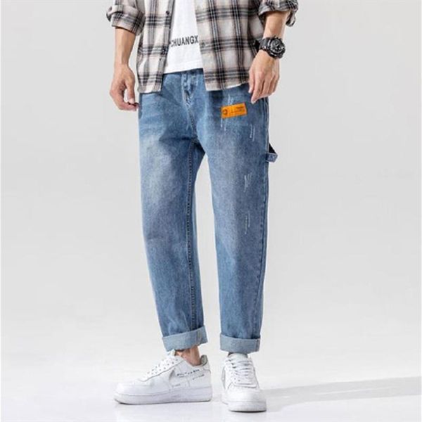 

2020 summertime slim jeans men's loose large wide-leg nine-minute trousers korean style white-polished pencil trousers, Blue