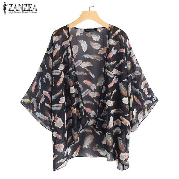 

2020 zanzea summer bohemain printed kimono cardigan women's chiffon blouse casual beach cover up female sleeve shirts, White