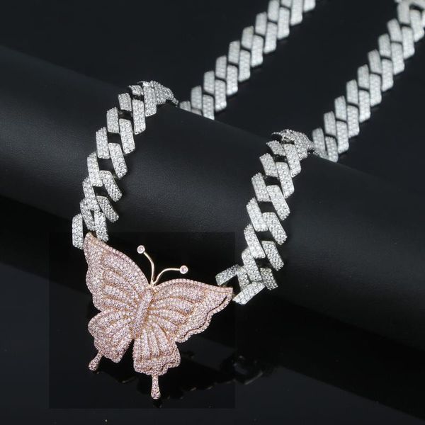 

iced out bling 5a cubic zirconia white pink two tone color butterfly fashion choker women girl cuban link chain necklace jewelry, Golden;silver