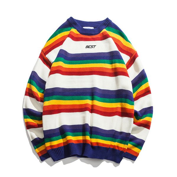 

lesbian fashion striped sweater women/men oversize sweaters hip hop streetwear retro hit color o-neck knit rainbow sweater, White;black