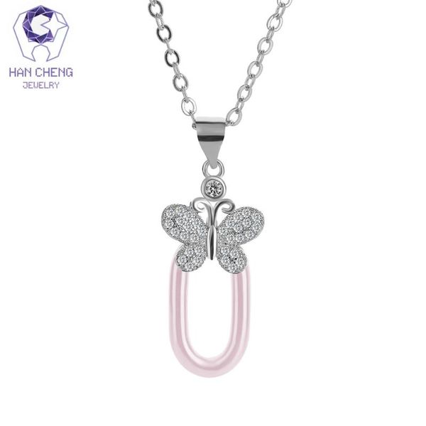

hancheng new fashion golden sterling chain zirconia ceramic round butterfly necklaces & pendants women jewelry, Silver