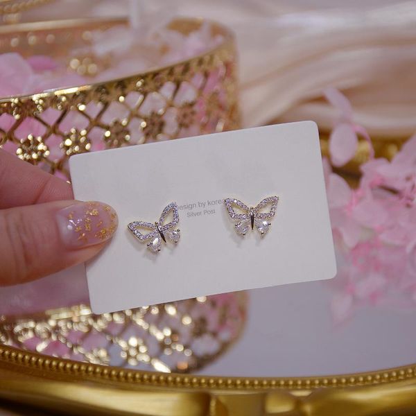 

stud shiny side fashion brand jewelry pierced zirconia butterfly earrings for women style crystal earring, Golden;silver