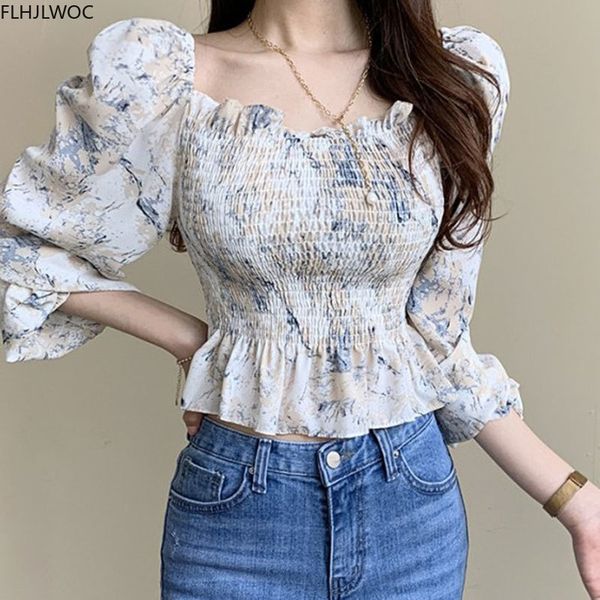

women's blouses & shirts chiffon ruffled chic korean style design puff sleeve slim fited short peplum shirt women blouse, White