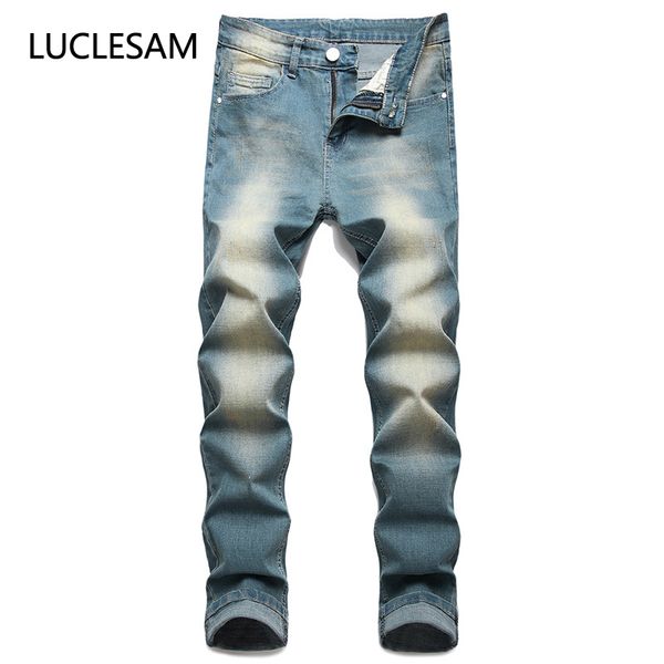 

mens vintage blue jeans classic straight frayed denim pants for men fashion streetwear casual trousers hommes jeans plus size 44