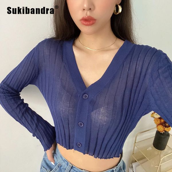 

women's knits & tees sukibandra autumn v neck ribbed cardigan fall casual women crop korean style blue purple cropped knitted cute jump, White