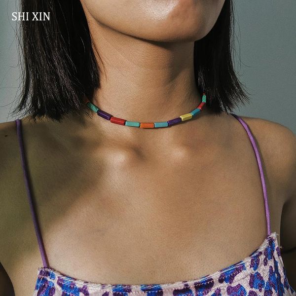

shixin multicolor natural stone necklace boho short choker necklace for women/girls fashion korean necklaces collar female gifts, Golden;silver