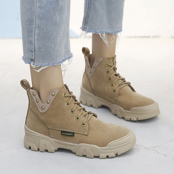 

women rivet flock ankle boots women's lace up flat woman high motorcycle 2020 autumn winter ladies cool footwear female shoe, Black