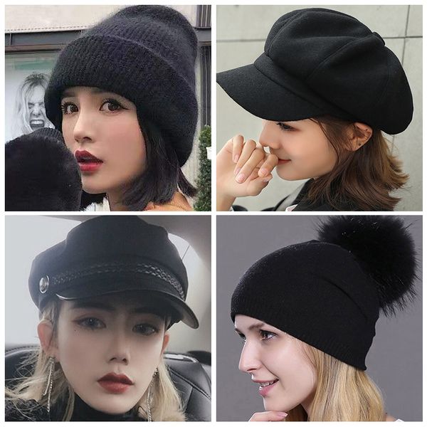 

winter warm hats for women skullies beanies pom beanies hats thicker knitted thicken fur pompom outdoor casual female caps, Blue;gray