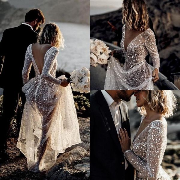 Sexy glitzernde, atemberaubende Langarm-Brautkleider in A-Linie, transparenter Ausschnitt, lange Ärmel, Pailletten, Strandhochzeitskleid, Brautkleid, Vestido de Novia