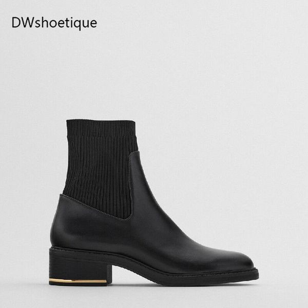 

boots winter knitting chunky heel women ankle slip on round toe booties, Black