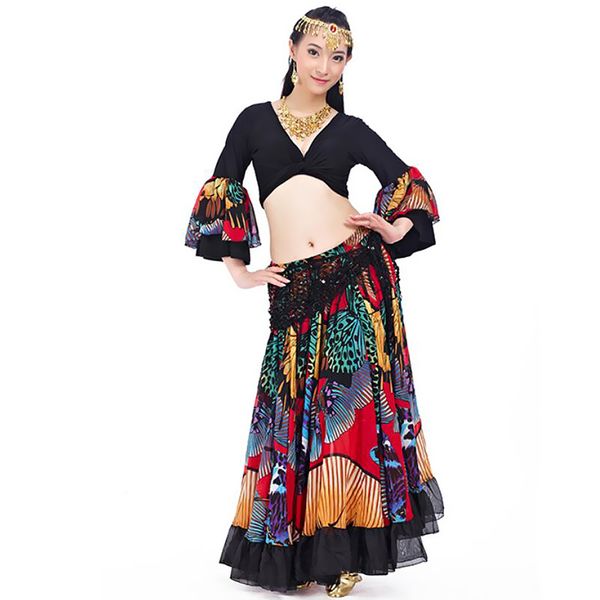 

belly dance costume set for women chiffon and butterfly print maxi skirt, Blue