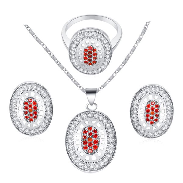 

rolilason 2020 new oval silver plated stamped filled earring necklace fashion jewelry set red zircon ring sz #7 #8 #9 js550