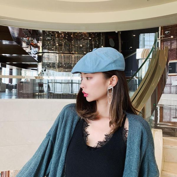

summer new wild beret female british retro octagonal hat women's forward hat, Blue;gray