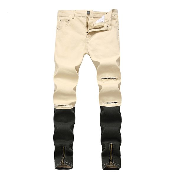 

plus size men ripped jeans cotton straight men fashion denim trousers patchwork streetwear ripped zipper jeans, Blue