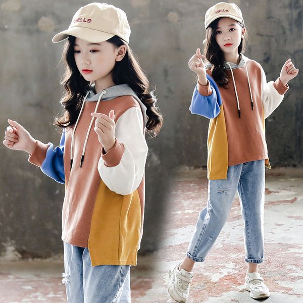 

new autumn girls clothes sets patchwork hoodie + denim pants 2pcs school children clothing kids girl casual tracksuit 10 12 year, White