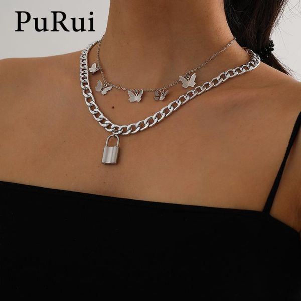 

pendant necklaces gohic lock choker necklace punk butterfly padlock cuban link chain collar for women couple lovers jewelry, Silver