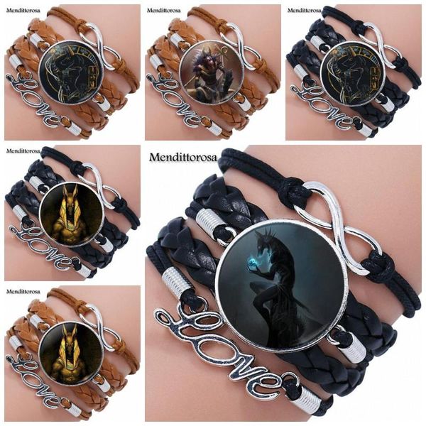 

ancient egyptian cat goddess statue for girls christmas jewelry glass cabochon multilayer black/brown leather bracelet bangle, Golden;silver