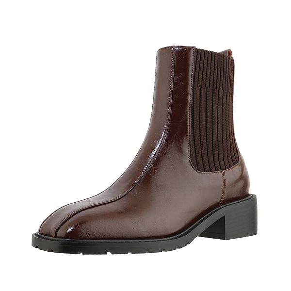 

retro party wedding ankle boots genuine leather knitting shoes woman med heels 2020 fashion zippers thick heels boots woman, Black