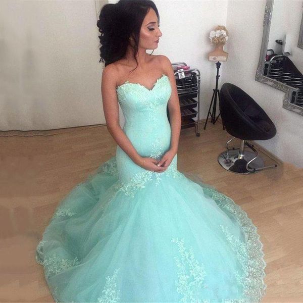 

mint green lace mermaid prom dresses 2021 with appliques sweep train strapless tulle formal evening party gowns, Black