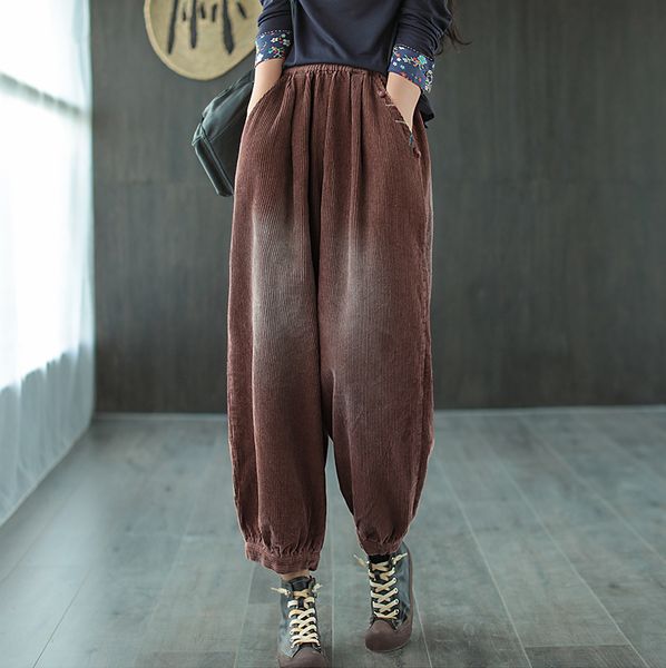 

autumn winter pants women elastic waist retro corduroy trousers 2020 ladies loose casual all-match lantern pants, Black;white